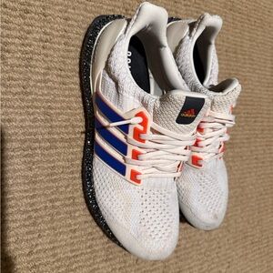 Adidas White Sneakers with Blue and Orange Stripes